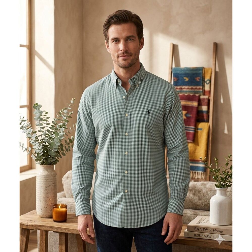 Ralph Lauren Golf Blake Fit Men's L Green Houndstooth Polo Button Down